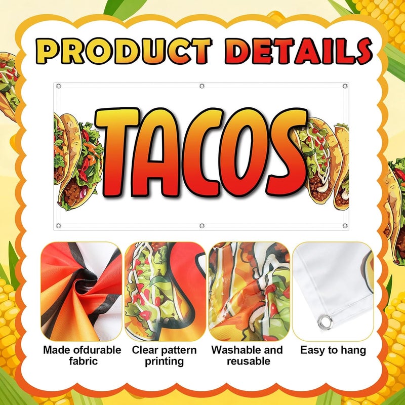 Tudomro 2x4 Feet Tacos Banner Store Sign Fabric Polyester with Grommets for Easy Hang Indoor & Outdoor - Image 3